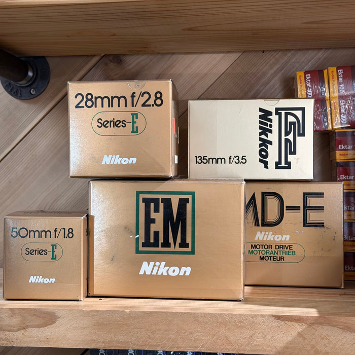 Nikon EM Black 35mm SLR IN BOX w/ Nikkor 50mm f/1.8, 28mm f/2.8, 135mm f/3.5 Lenses + Motor Drive