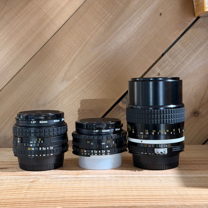 Nikon EM Black 35mm SLR IN BOX w/ Nikkor 50mm f/1.8, 28mm f/2.8, 135mm f/3.5 Lenses + Motor Drive