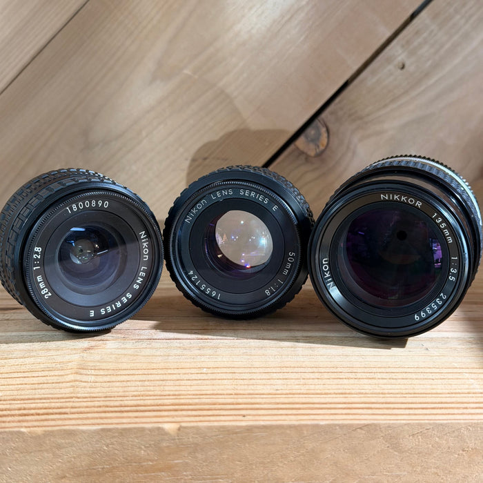 Nikon EM Black 35mm SLR IN BOX w/ Nikkor 50mm f/1.8, 28mm f/2.8, 135mm f/3.5 Lenses + Motor Drive