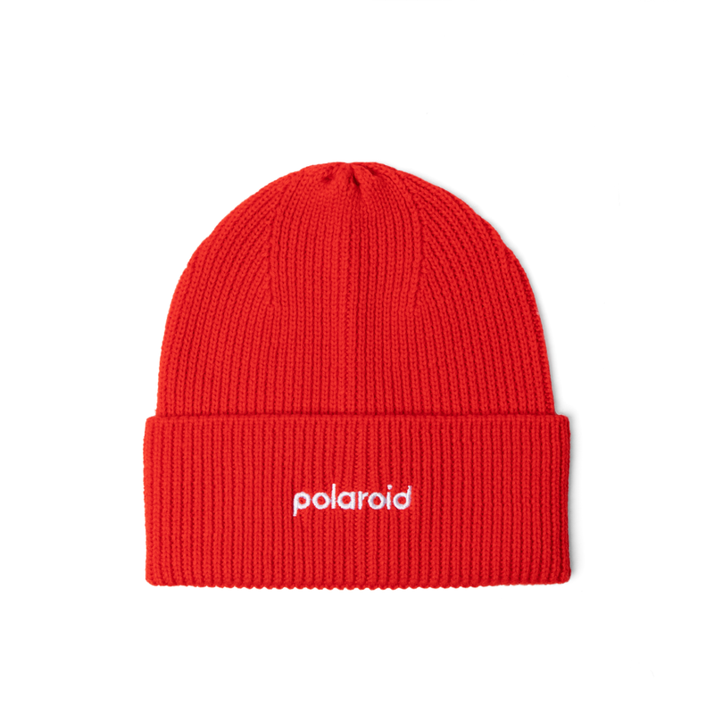 Polaroid Beanie - Retro Logo Embroidered Red & Black Winter Hat