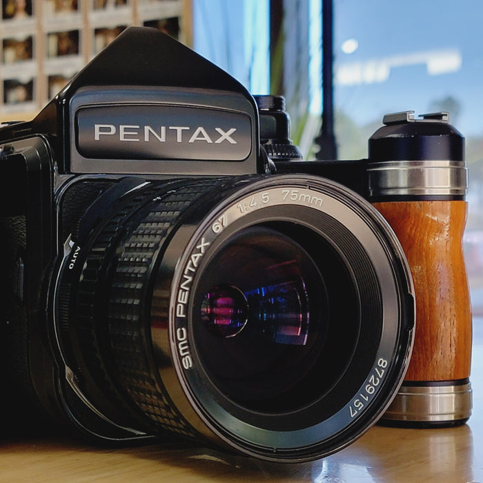 Pentax 67 Body (Late) with metered viewfinder, grips and 75mm f/4.5 Lens
