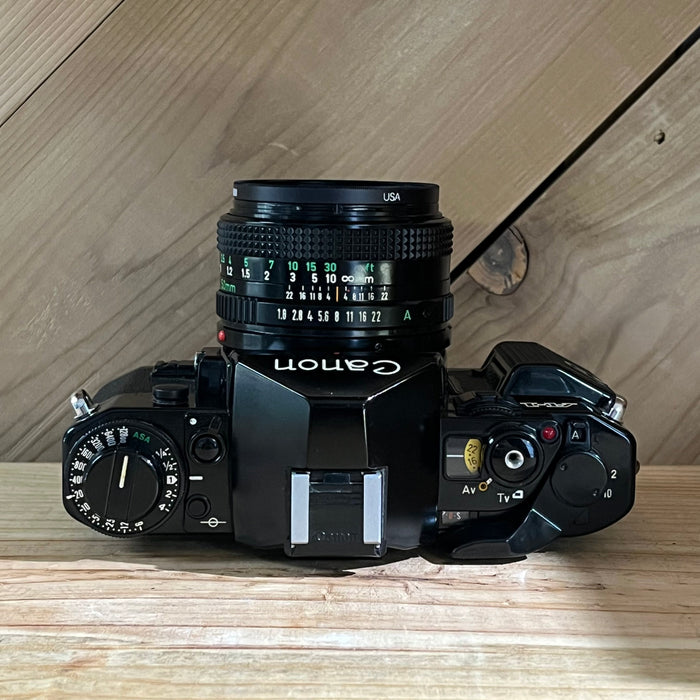 Canon A-1 Black Body 35mm SLR w/ 50mm 1.8 Film Camera (434736)