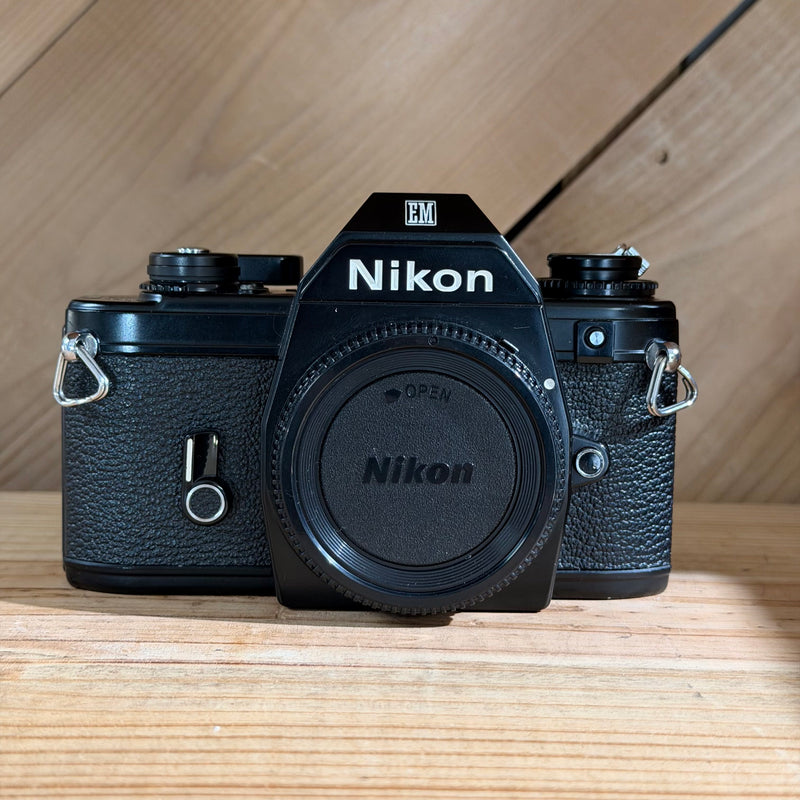 Nikon EM Black 35mm SLR IN BOX w/ Nikkor 50mm f/1.8, 28mm f/2.8, + Motor Drive