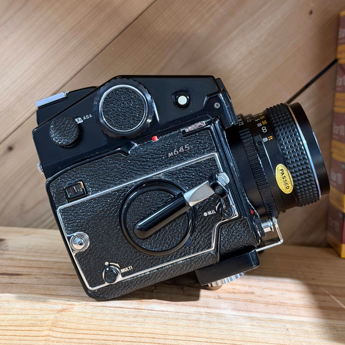 Mamiya 645 Medium Format SLR + Mamiya-Sekor C 80mm f/2.8 + Eye-Level Finder + Deluxe L-Grip Holder
