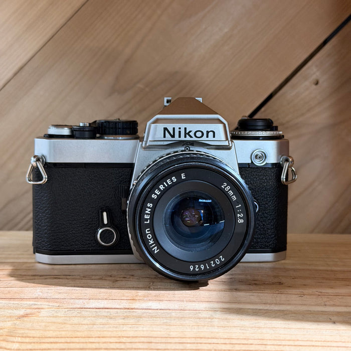 Nikon FE 35mm SLR + Nikon Series E 28mm f/2.8 Lens - Silver Body (8978)
