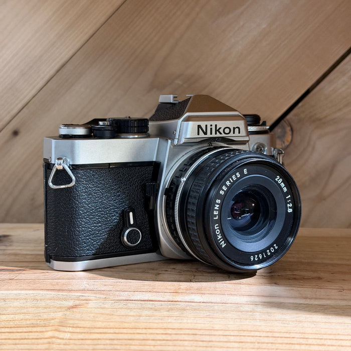 Nikon FE 35mm SLR + Nikon Series E 28mm f/2.8 Lens - Silver Body (8978)