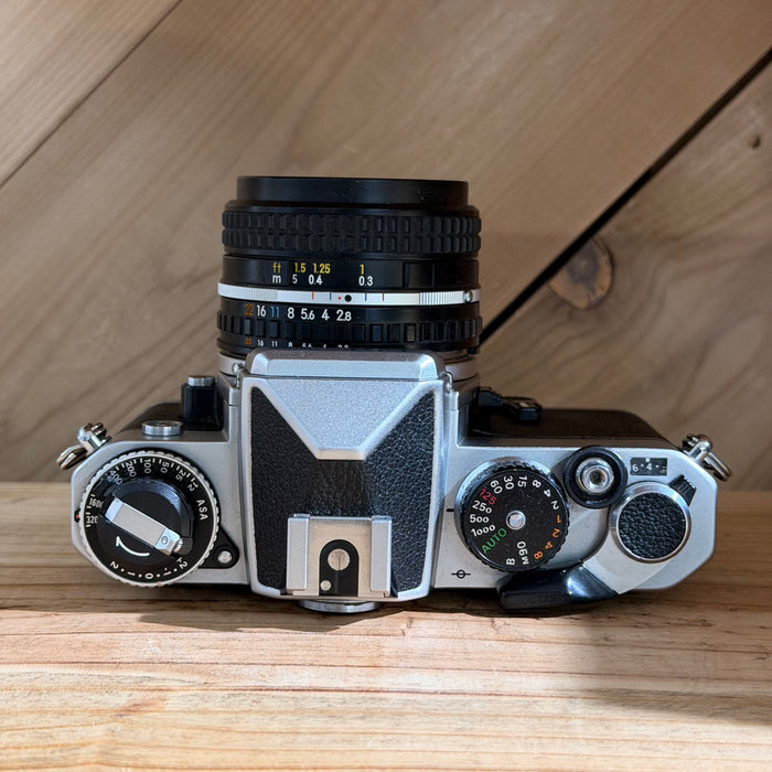 Nikon FE 35mm SLR + Nikon Series E 28mm f/2.8 Lens - Silver Body (8978)