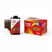 Lucky 400 35mm Color Negative Film canister and box on white background