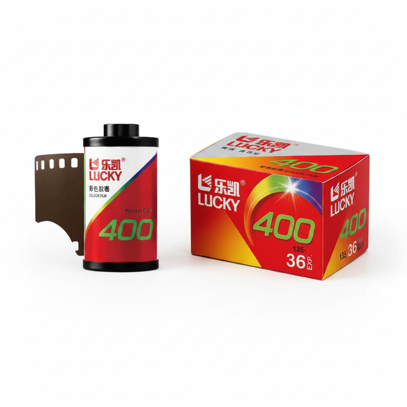 Lucky 400 35mm Color Negative Film canister and box on white background